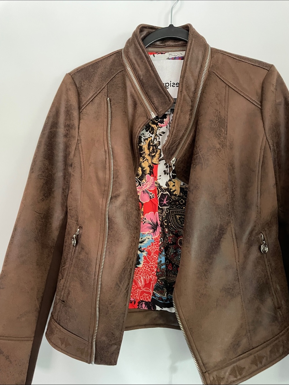 Desigual Tan Faux Leather asymmetrical zippered Embroidered jacket EU 38 NWT